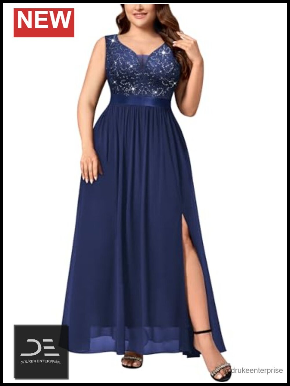 Plus Size Sequin Lace V-Neck Formal Prom Dress with Slit